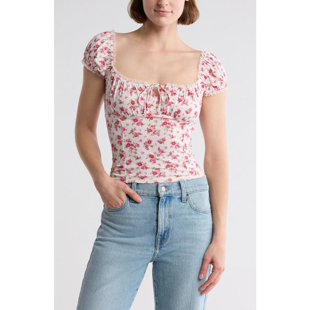 NWT! Lush Lace Trim Cap Sleeve Top in Pink Floral Size Small
